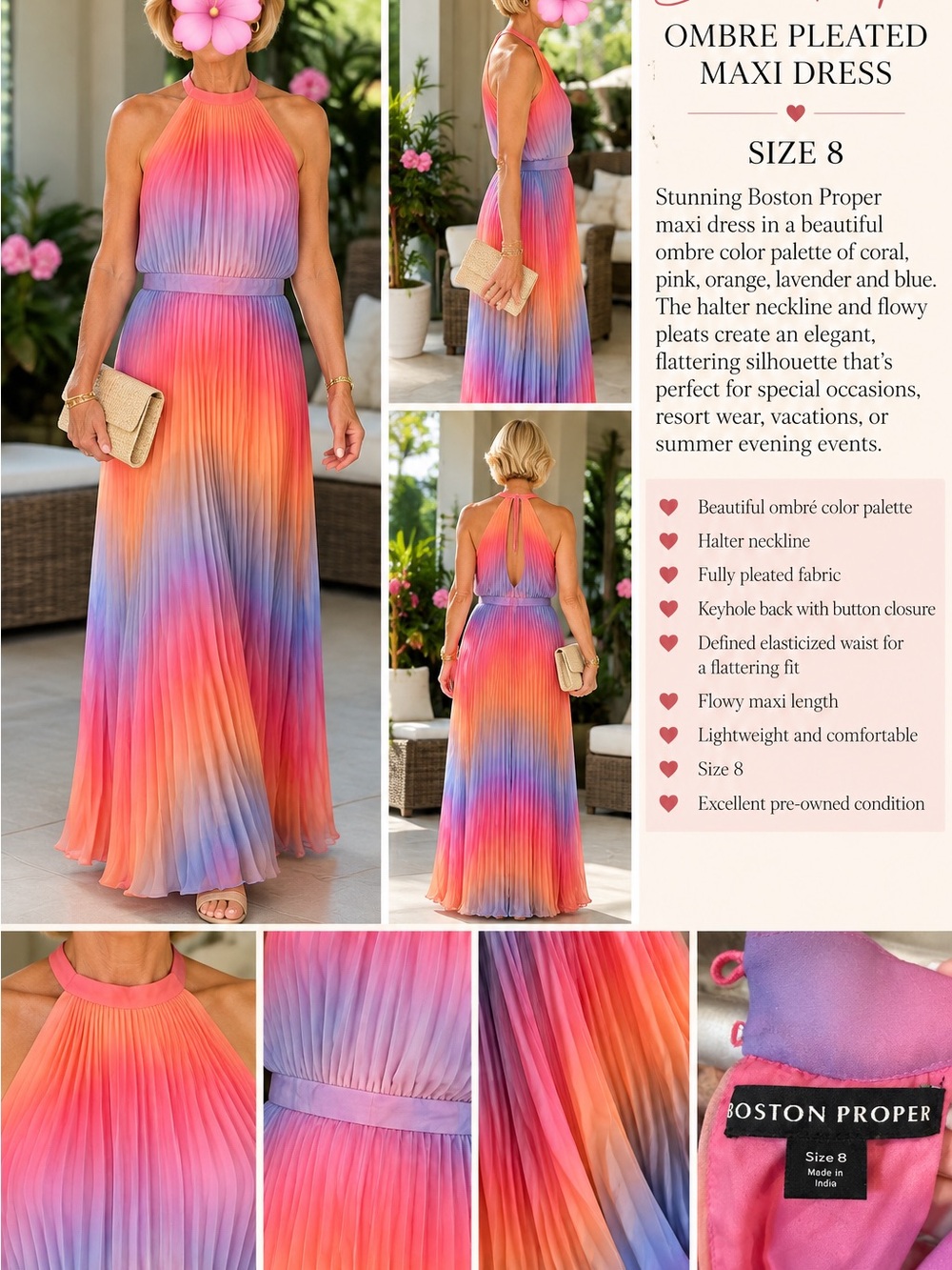 Boston Proper Ombre Halter Pleated Maxi Dress in Coral Pink Lavender Blue